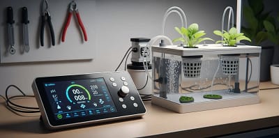 A budget hydroponic controller setup, showing the display and connected probes for a hydroponic system.