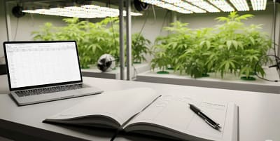 A physical grow journal template open on a workbench with a laptop showing a digital version.