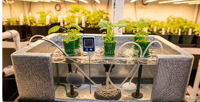 A hydroponic reservoir wrapped in reflective insulation for passive cooling, with a temperature probe.