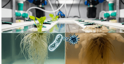 A side-by-side view showing the difference between a healthy hydroponic root system and one with a thick, slimy biofilm caused by pathogenic bacteria.