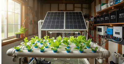 An off-grid hydroponics system with solar panels, a battery bank, and a charge controller.