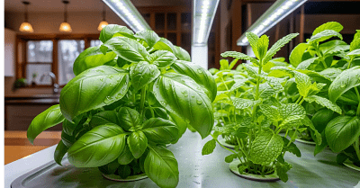 A vibrant indoor hydroponic basil and mint garden thriving under LED grow lights.