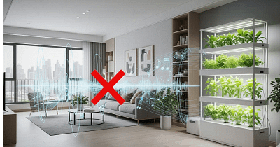 An illustration of a quiet, low-noise hydroponic system in a clean, modern apartment setting.