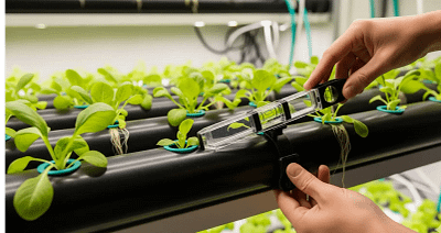 A person using a bubble level to check the slope of an NFT hydroponic channel.