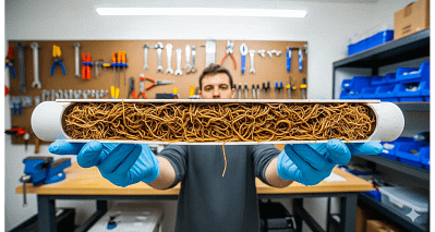 A cross-section of an NFT hydroponic channel revealing a tangled root mass, highlighting the challenge of cleaning these systems.