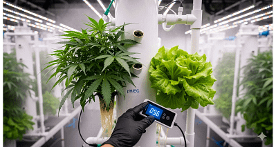 An expert guide to aeroponic nutrient management, showing a grower adjusting an EC and pH meter.