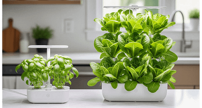 A visual comparison of the Click & Grow Smart Garden 3 and Smart Garden 9, highlighting the size and capacity differences for growing plants.