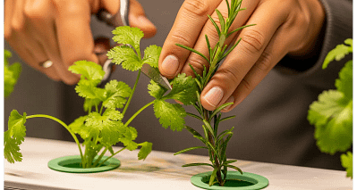 A close-up showing fresh, potent hydroponic cilantro and rosemary, demonstrating the success of year-round herb cultivation.