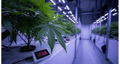 Cinematic view of a vibrant cannabis plant in a DWC system showing the optimal EC and pH for cannabis veg vs bloom.