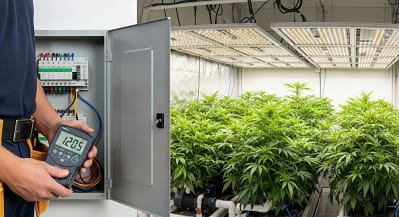 A grower checking the power consumption of a hydroponic system with an electricity meter.