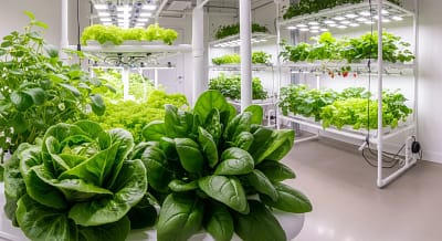 A beautiful head of crisp, green hydroponic lettuce ready for harvest.