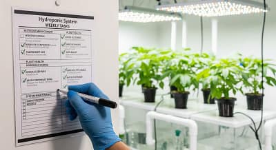 A grower using a weekly maintenance checklist for their hydroponic system.