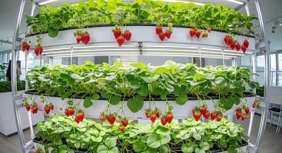 A vertical hydroponic garden full of thriving hydroponic strawberries, with some ripe for picking.