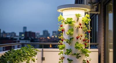 Vertical farming towers maximizing yield on an urban balcony.