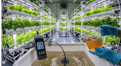 A grower following the correct process for how to mix hydroponic nutrients, with an EC meter visible to ensure proper water chemistry.
