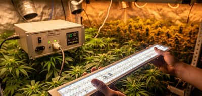 A person holding a new LED grow light, symbolizing a smart hydroponic system upgrade.