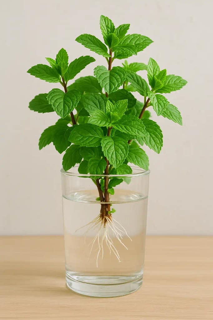 A fresh mint cutting with bright green leaves and white roots growing in a clear glass of water, demonstrating the 2-week root hack propagation method.