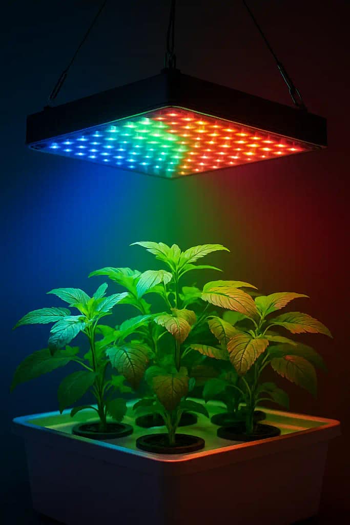 A vibrant image of healthy hydroponic plants under a full-spectrum LED grow light, highlighting the importance of balanced blue, red, and green light for different growth stages.