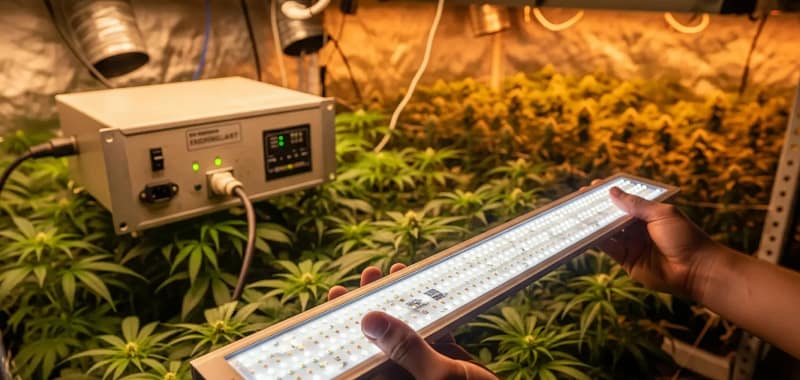 A person holding a new LED grow light, symbolizing a smart hydroponic system upgrade.