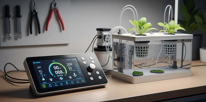 A budget hydroponic controller setup, showing the display and connected probes for a hydroponic system.