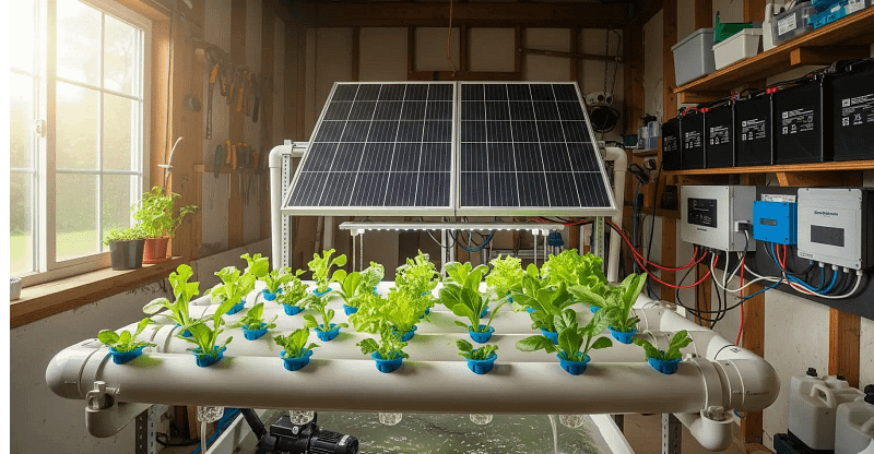 An off-grid hydroponics system with solar panels, a battery bank, and a charge controller.