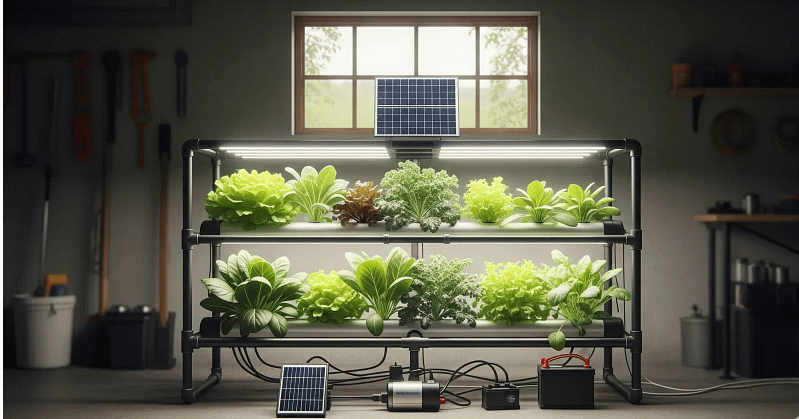 A small-scale, off-grid hydroponics system with a solar panel and a solar pump.