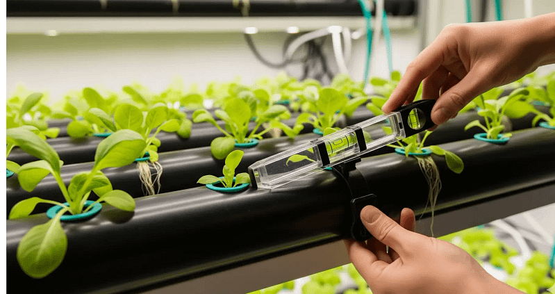 A person using a bubble level to check the slope of an NFT hydroponic channel.