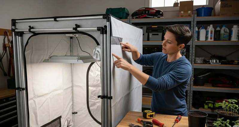 A person inspecting the fabric and frame of a new grow tent before purchasing.