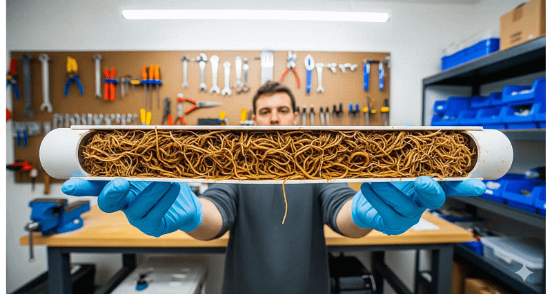 A cross-section of an NFT hydroponic channel revealing a tangled root mass, highlighting the challenge of cleaning these systems.
