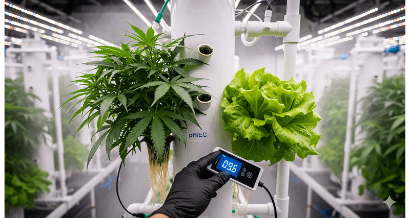 An expert guide to aeroponic nutrient management, showing a grower adjusting an EC and pH meter.
