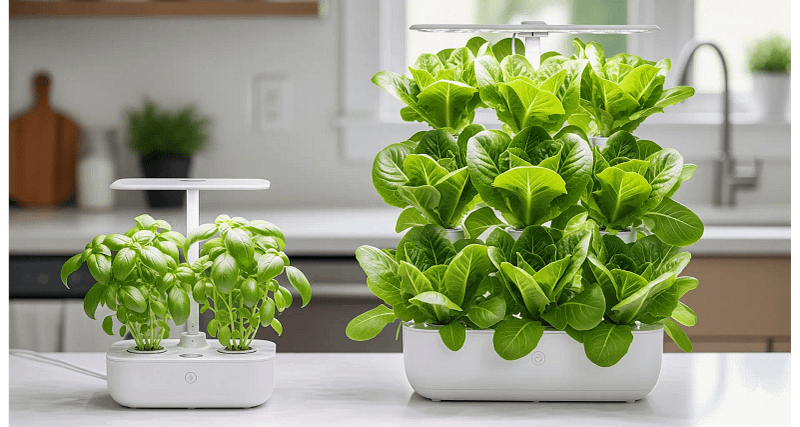 A visual comparison of the Click & Grow Smart Garden 3 and Smart Garden 9, highlighting the size and capacity differences for growing plants.