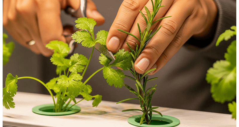 A close-up showing fresh, potent hydroponic cilantro and rosemary, demonstrating the success of year-round herb cultivation.