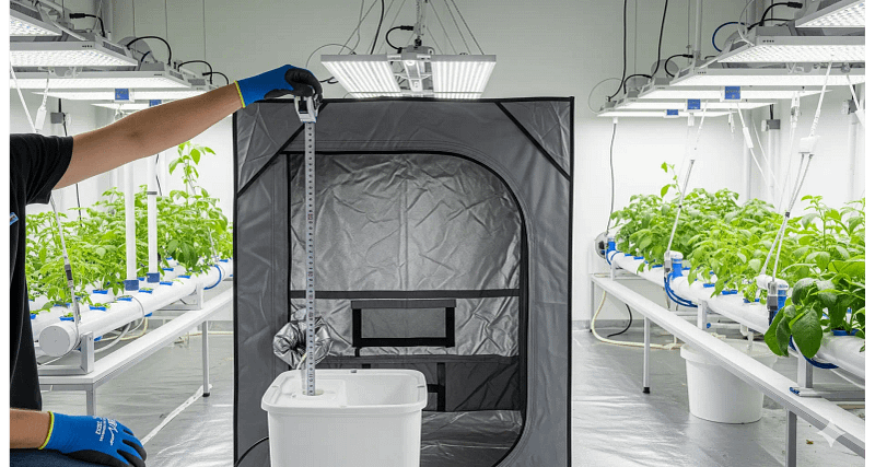 A person measuring head height for proper hydroponic pump sizing in an indoor grow room.