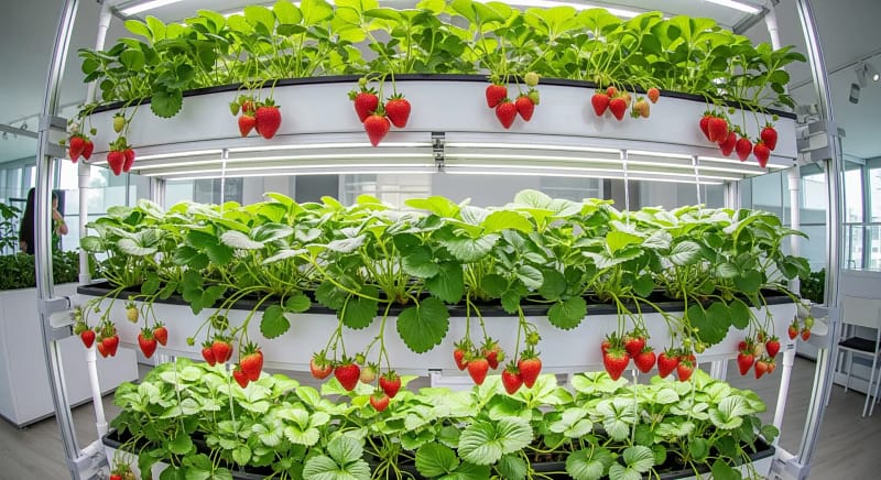 A vertical hydroponic garden full of thriving hydroponic strawberries, with some ripe for picking.