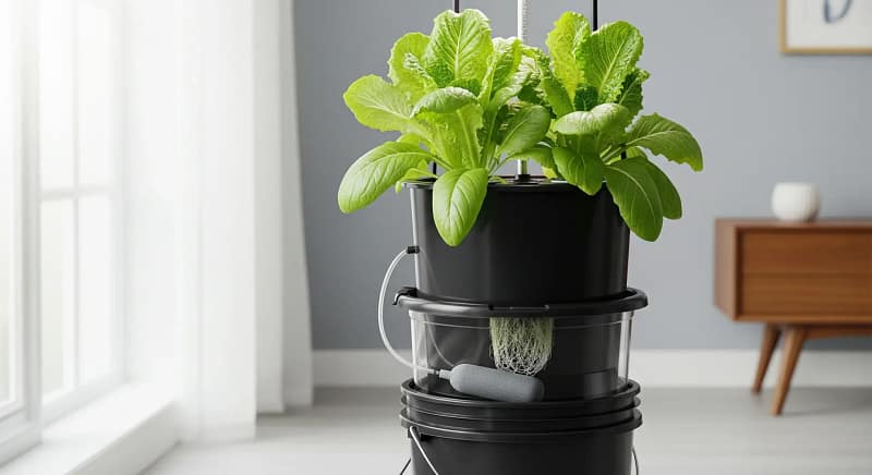 A quiet indoor hydroponics setup in a modern apartment.