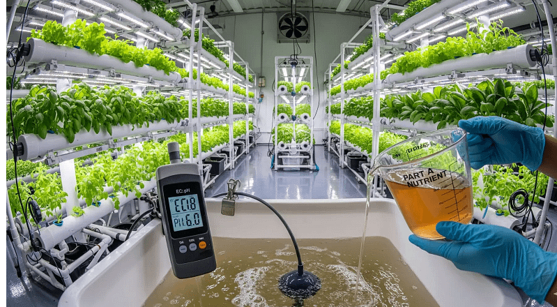 A grower following the correct process for how to mix hydroponic nutrients, with an EC meter visible to ensure proper water chemistry.