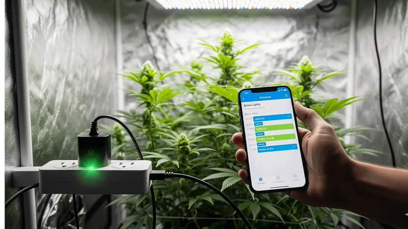 A grower using a smartphone app to program the best timers and smart plugs for a hydroponic system, demonstrating the automation of a grow.