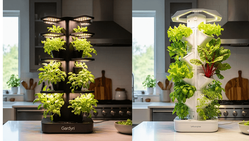 A visual comparison of the Gardyn and Lettuce Grow vertical hydroponic systems, illustrating their design differences and how they fit into a home environment.