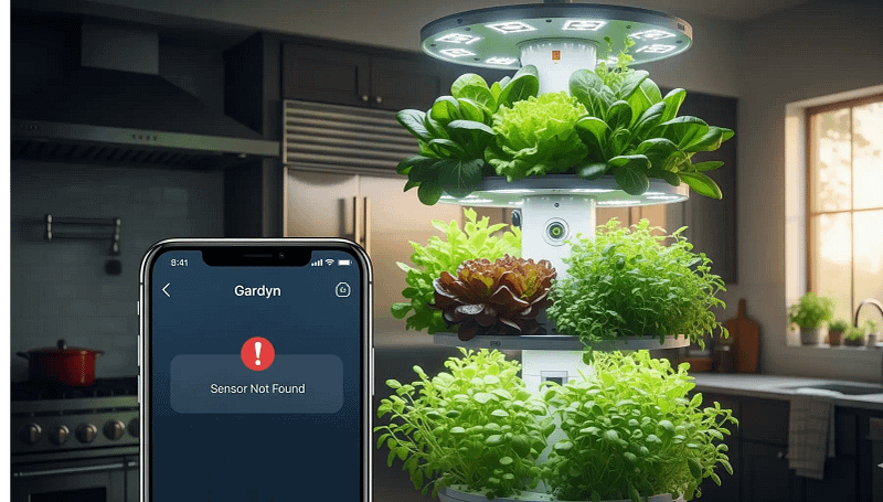 A visual review of the Gardyn smart garden, showcasing a successful crop of plants in contrast with a glitching app on a smartphone.