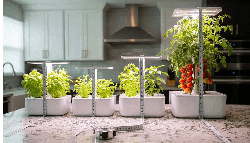 A visual comparison of different AeroGarden models, from the compact Sprout to the large Farm, illustrating their size, height, and capacity differences for a comprehensive AeroGarden review.
