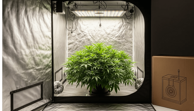 A single, healthy cannabis plant thriving in a 2x2 hydroponic grow tent, demonstrating the success possible with the best hydroponic kits for beginners.