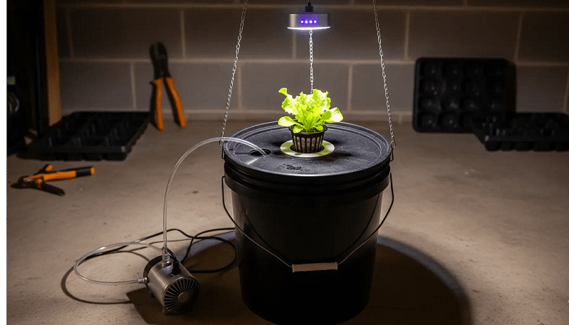 A simple, DIY budget hydroponic system built from a 5-gallon bucket and an air pump, demonstrating what is possible to build for under $100.