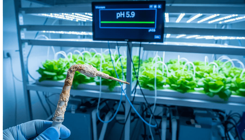 A corroded hydroponic pH and EC meter probe, symbolizing the importance of regular calibration and maintenance to prevent a "silent pH crash" from killing a crop.