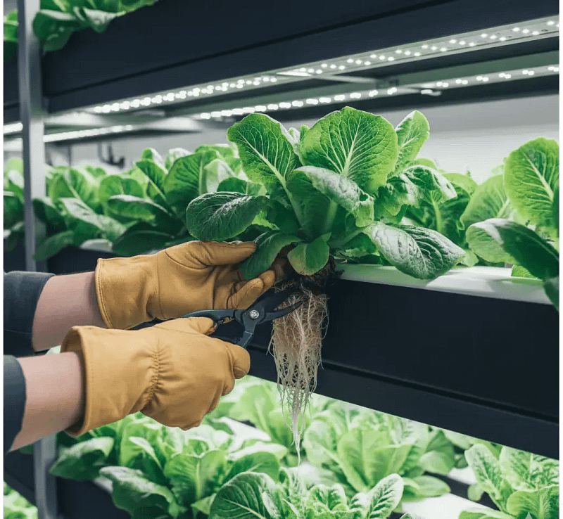 A grower trimming plant roots in an NFT hydroponic system to prevent clogs