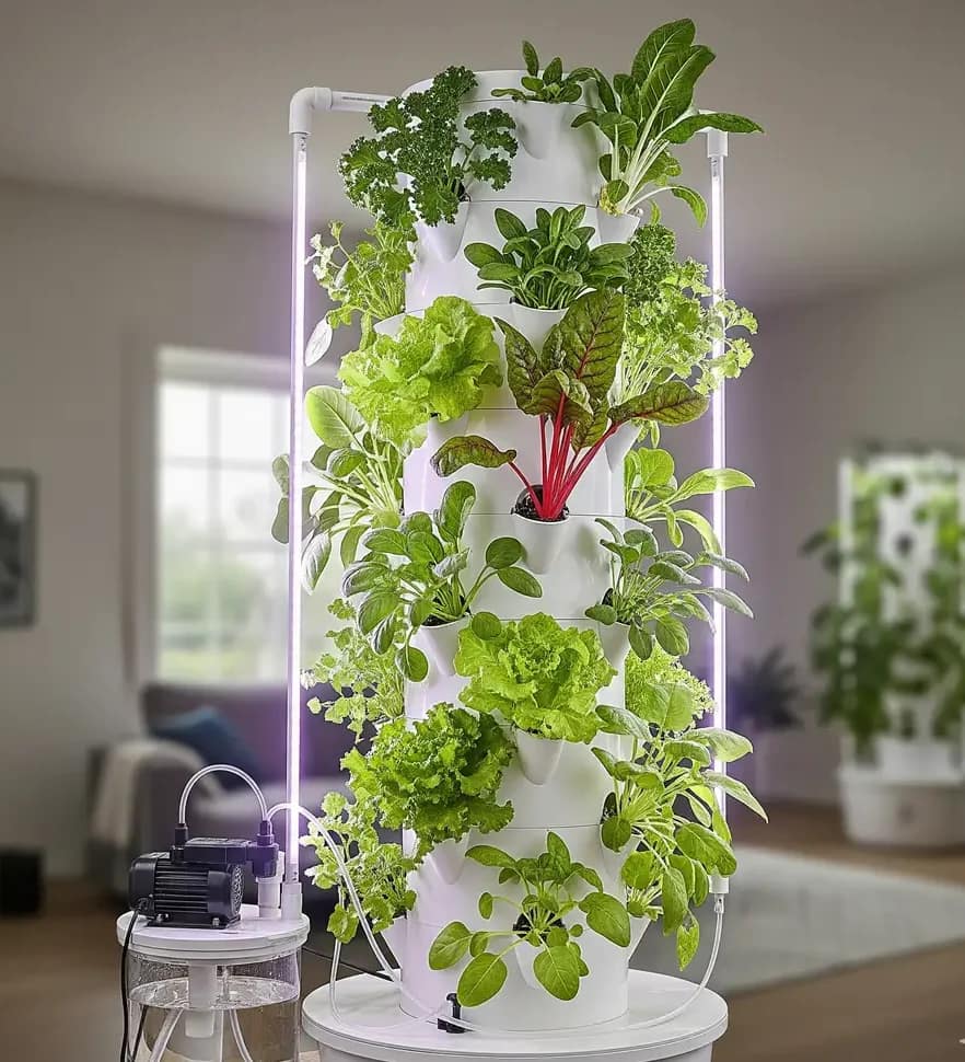 A vertical hydroponic tower setup with various leafy greens, illustrating a space-saving method for indoor gardening.