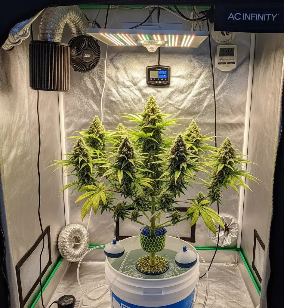 A photo of a single, full-size cannabis plant inside a 2x2 hydroponic grow tent, illustrating a successful harvest with a tested AC Infinity kit.