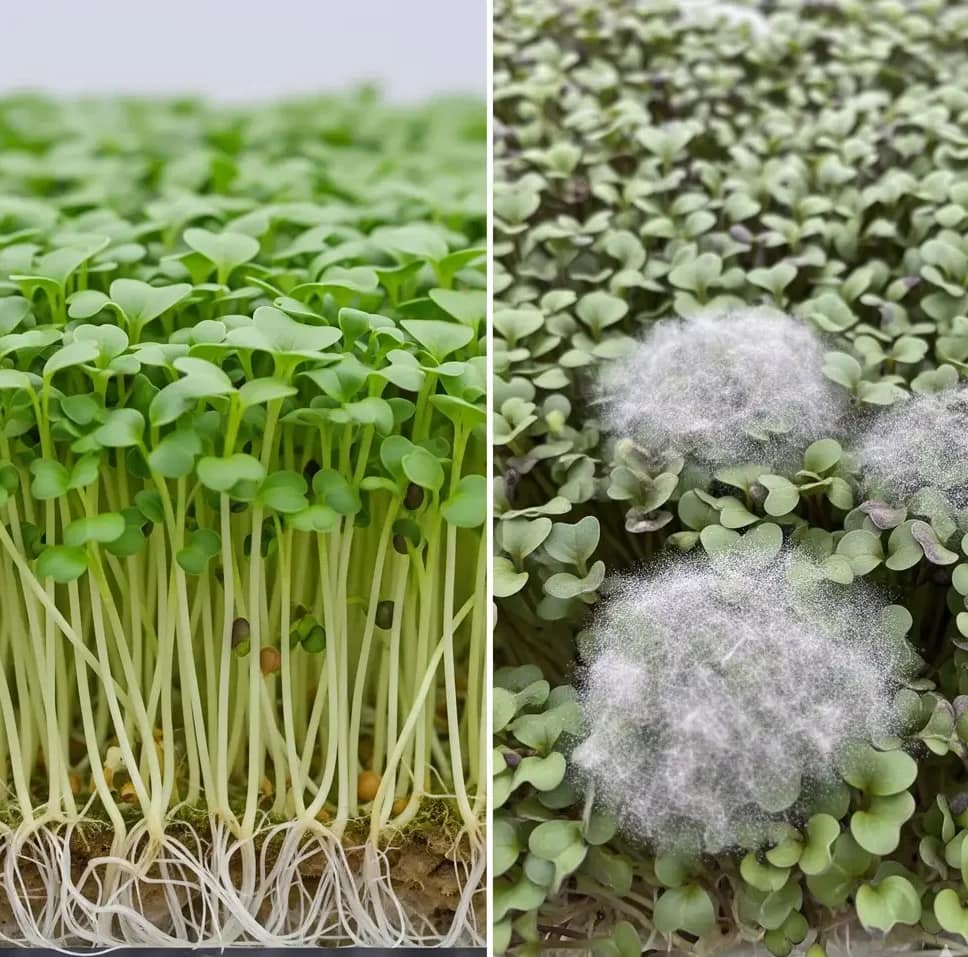 A side-by-side comparison of a tray of microgreens with harmless white root hairs and a tray showing a gray, fuzzy Botrytis infection.