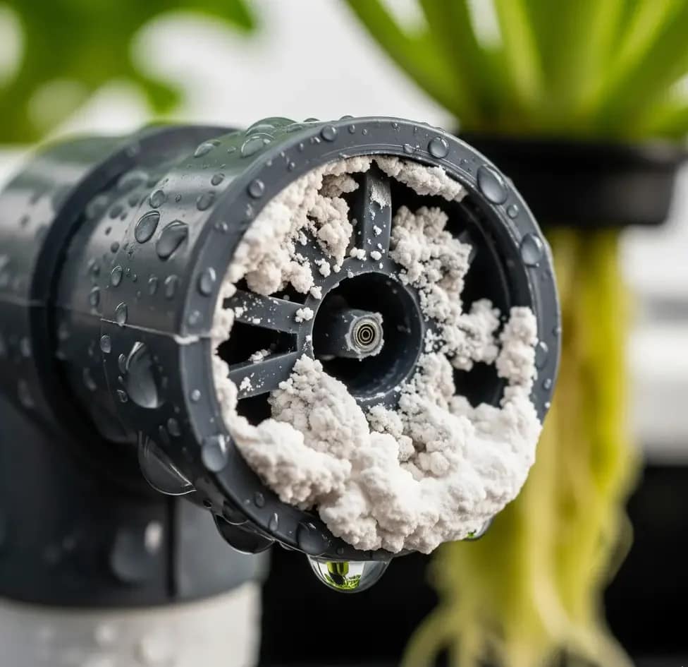 A close-up, macro photo of a clogged aeroponic nozzle with a buildup of white mineral residue, illustrating a common maintenance problem in vertical farming.