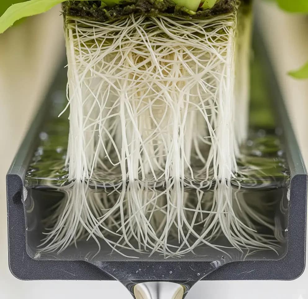 A visual representation of the ideal 1mm nutrient film thickness in an NFT hydroponic channel.