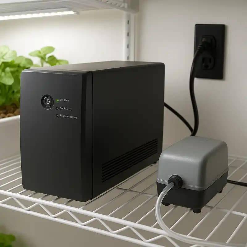 A reliable battery backup unit (UPS) on a shelf in a hydroponics grow room, with an air pump plugged into it, clean setup, realistic photo, professional lighting